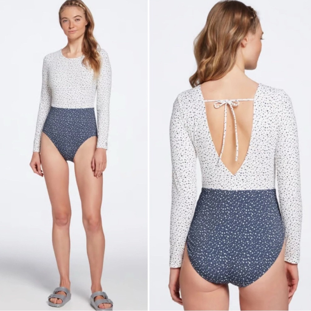 CALIA One Piece Tie Back Long Sleeve Swimsuit Freckle Dot Navy Size 8 - Picture 3 of 8